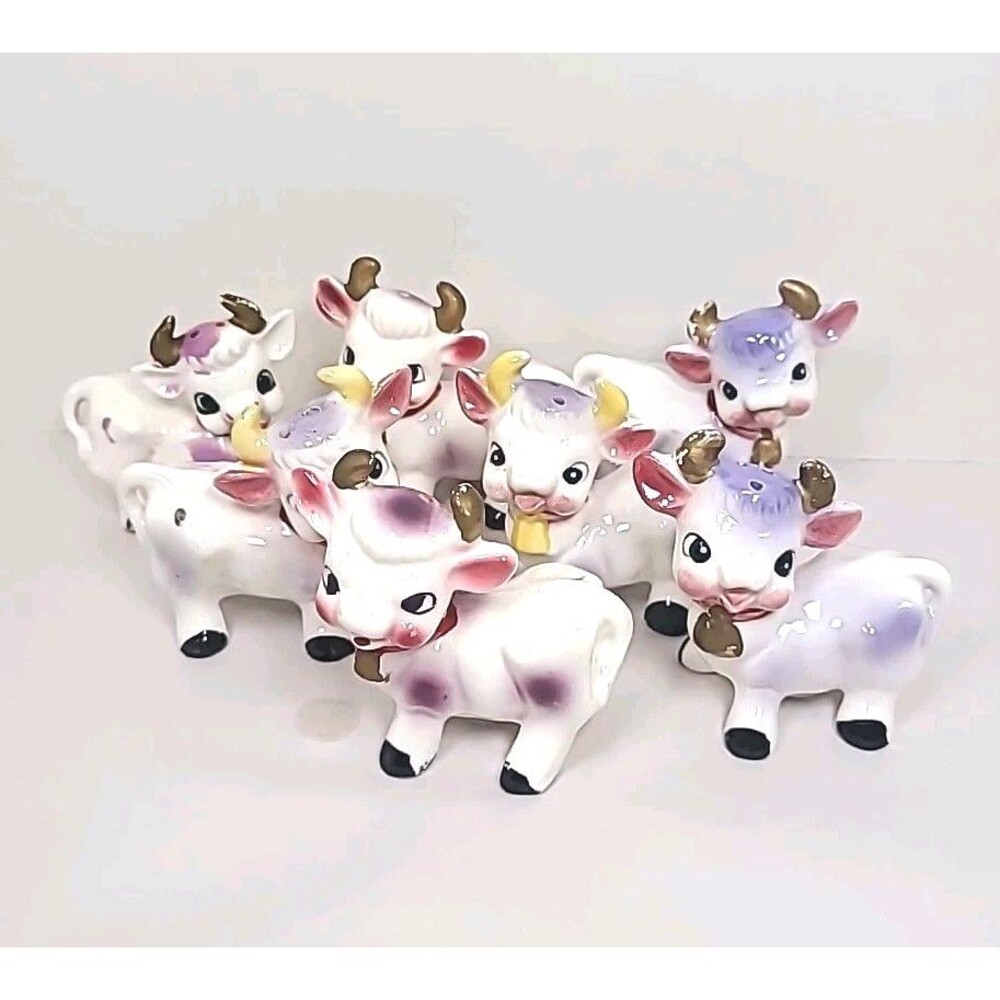 Set Of 7 Vintage Elsie Purple Cow Salt and Pepper Shakers Kitsch Kitchen Decor
